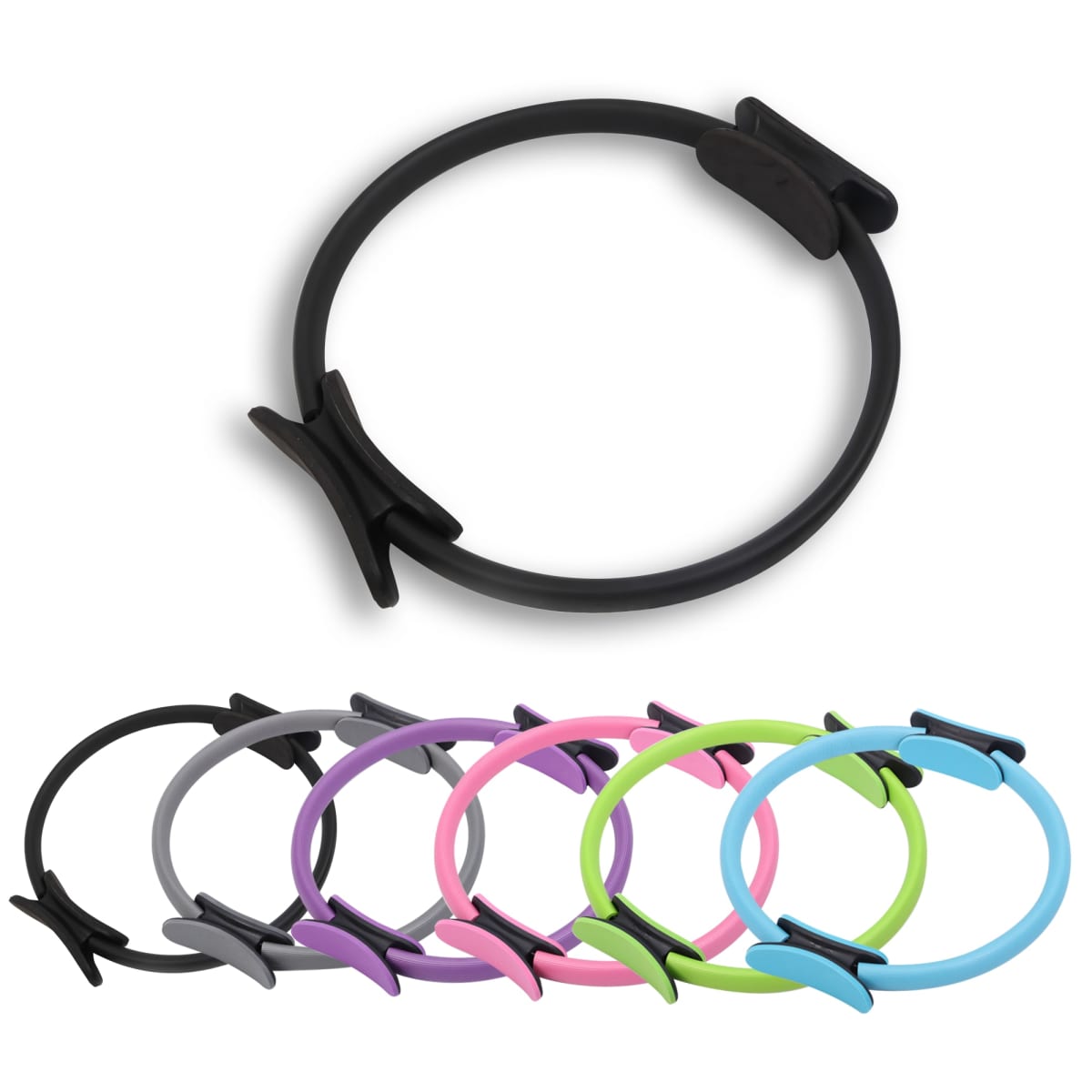 A set of six colorful resistance rings for exercise, each featuring handles on opposite sides. The rings are black, gray, purple, pink, blue, and green, arranged in a row on a white background.