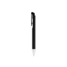 A black ballpoint pen with a sleek design, featuring a silver tip and a clip near the top. The pen is positioned vertically on a plain white background.