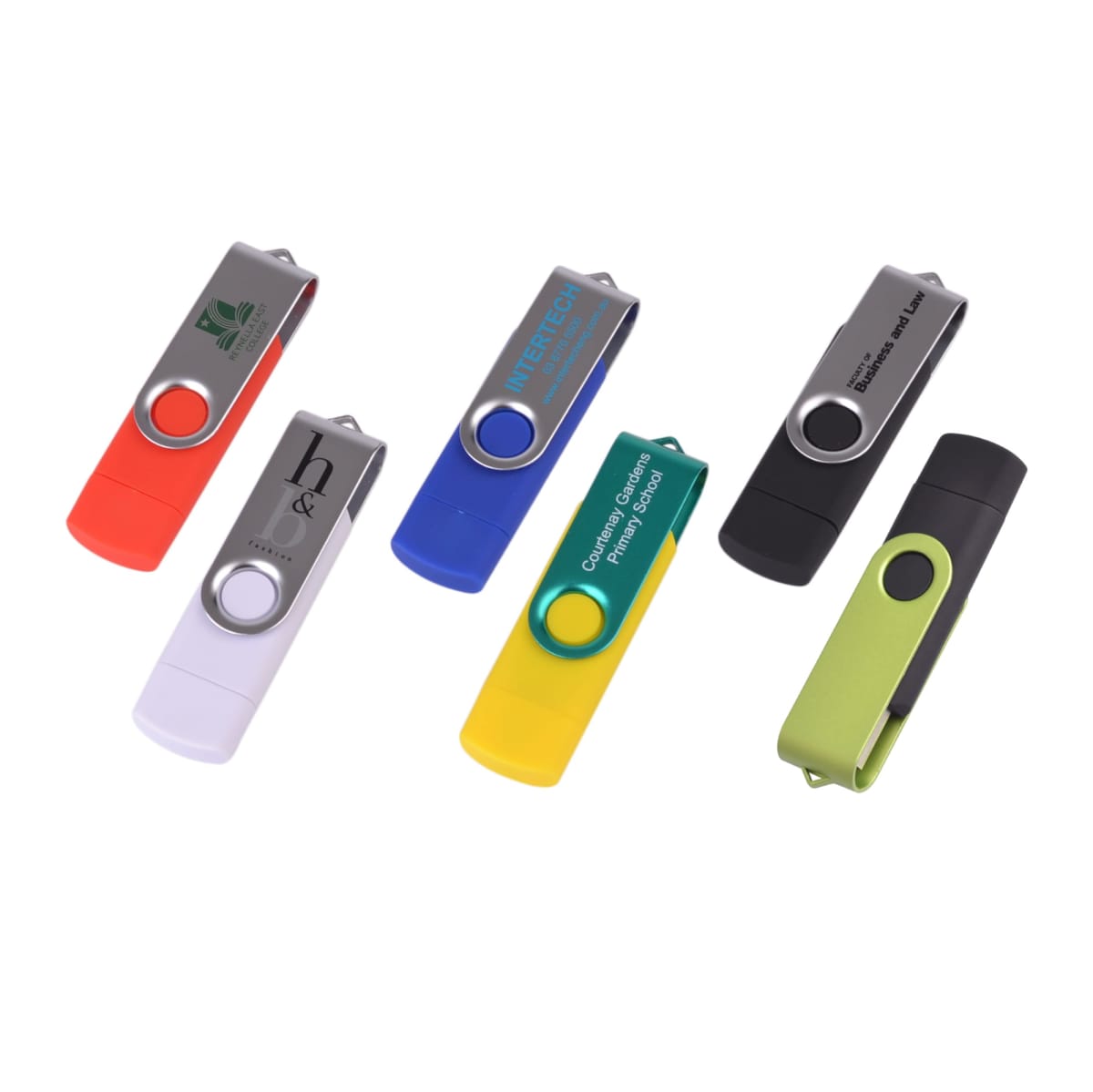 A collection of six USB flash drives with swivel covers in various colors: red, white, blue, green, yellow, and black. Each drive features different logos and text on their metallic parts.