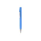 A blue ballpoint pen with a silver clip lies against a plain white background. The pen has a retractable tip and a sleek, modern design.