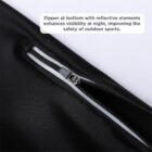 Close-up of a black zipper with reflective elements on fabric, enhancing night visibility for outdoor sports safety. Text above describes the zippers benefits.