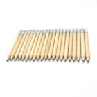 A row of 21 short wooden pencils with erasers lined up neatly on a white background. The pencils are evenly sharpened and the metal eraser holders are visible.