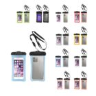 Various waterproof phone pouches in multiple colors are displayed, each with a clear front showing a smartphone screen. The pouches have black lanyards attached.