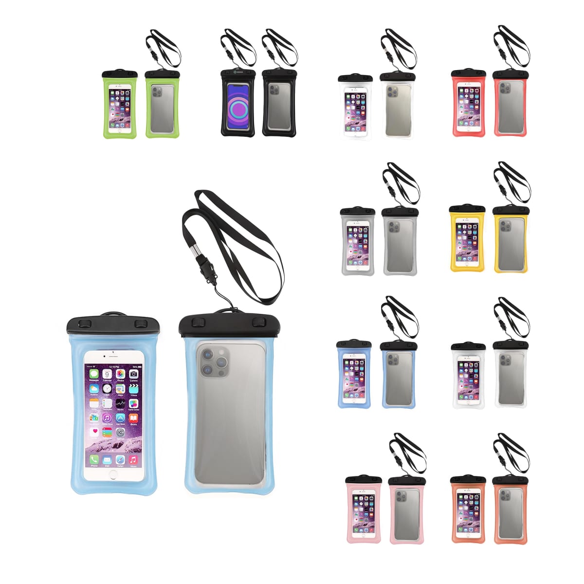 Various waterproof phone pouches in multiple colors are displayed, each with a clear front showing a smartphone screen. The pouches have black lanyards attached.