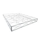 A rectangular metal framework featuring a grid of intersecting diagonal supports, forming a geometric, lattice-like structure. The metal beams are thin and arranged in a pattern to provide stability and support.