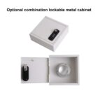 Two images of a lockable metal cabinet are shown. The top image displays the cabinet closed, featuring a combination lock. The bottom image shows the cabinet open, revealing the locking mechanism inside. Text above reads: Optional combination lockable metal cabinet.