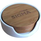 A set of round bamboo coasters with the word SIGMA engraved on top, neatly stacked in a white holder.