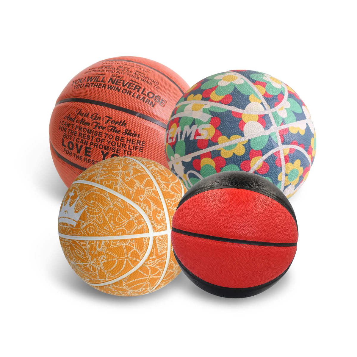Four colorful basketballs with unique designs: An orange one with text, a multicolored floral pattern, a yellow detailed pattern, and a red and black one. They are grouped together on a plain white background.