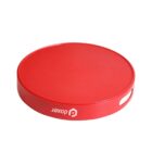Red round balancing disc with a handle, featuring a printed logo.