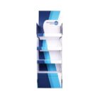 White and blue cardboard display stand with four shelves, designed for a business. The stand features a placeholder for a logo at the top, marked BUSINESS LOGO BC.