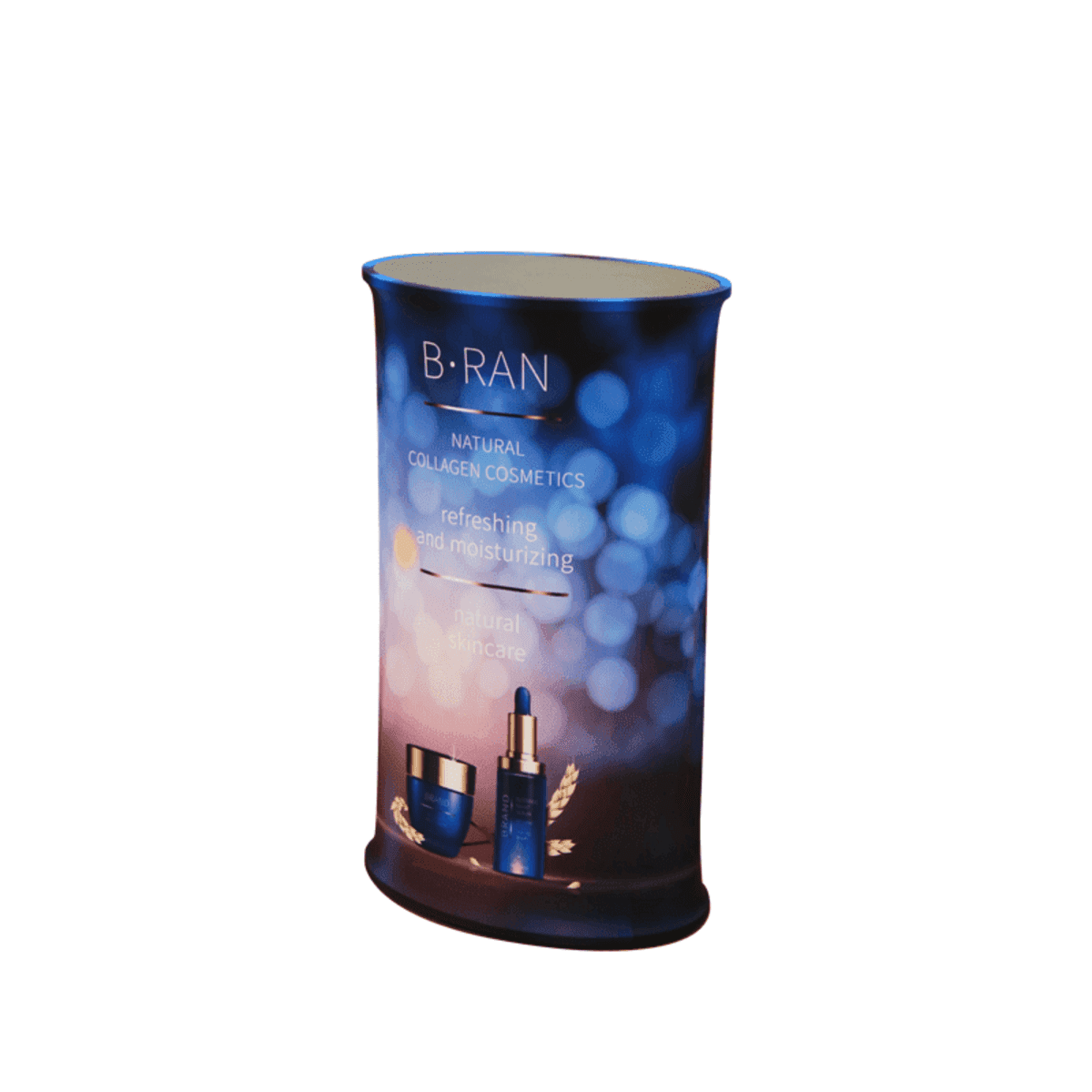 A skincare product display stand features the brand B-RAN with bottles of cosmetics. The background has a blue bokeh effect, and text reads Natural Collagen Cosmetics, refreshing and moisturizing, natural skincare.