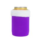 A can of Crystal Spring Peach Tea inside a purple can cooler with a white fuzzy rim, against a white background.