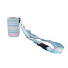 A small cylindrical pouch with a pastel tribal pattern, attached to a blue and pink lanyard with similar designs. The lanyard has a black clip for easy attachment and detachment.
