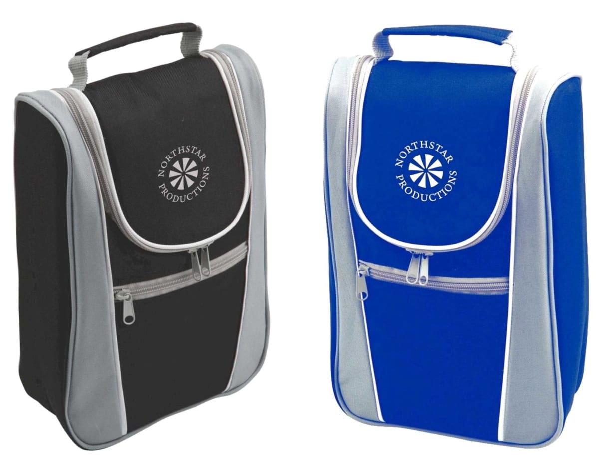 Two insulated bags side by side. One is black with gray accents, and the other is blue with gray accents. Both feature zippered fronts and a handle, with Northstar Productions printed in white on the flap.