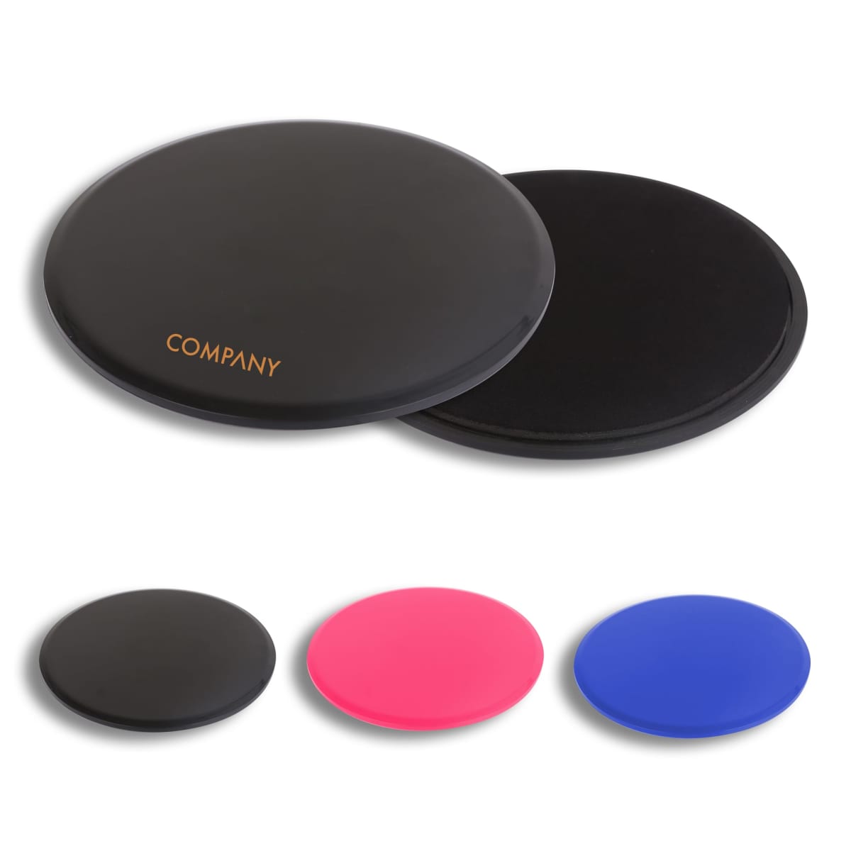 Four round exercise sliding discs shown. The front disc is black with the word COMPANY, and a similar black disc is partially behind it. Below are three discs in black, pink, and blue. All discs have a glossy finish.
