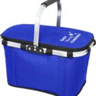 A blue insulated picnic basket with a black zippered lid and a silver handle. The lid is printed with white text that says EASY TRAVEL COMPANY along with four white stars.