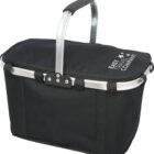 A black insulated cooler bag with an aluminum handle and zipper closure. The words Easy Travel Company are printed in white on the top right corner. The bag is rectangular and designed for carrying items while on the go.