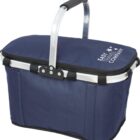 A blue insulated travel cooler bag with Easy Travel Company printed on the top. It has a sturdy aluminum handle with a black grip, a zippered lid, and a rectangular shape.