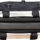 A folded, portable black stool with a silver aluminum frame and handle. It features two zippers and small black knobs on the top surface.