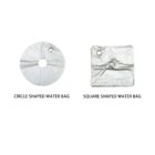 An image showing two water bags: a circular one labeled Circle Shaped Water Bag on the left and a square one labeled Square Shaped Water Bag on the right. Both bags have central openings.