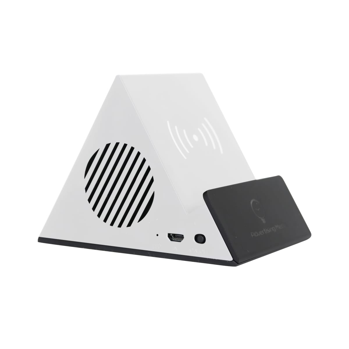 A white triangular wireless charging stand with a built-in speaker. It has a black base and a USB port. The surface is minimalist and angled for easy device placement.