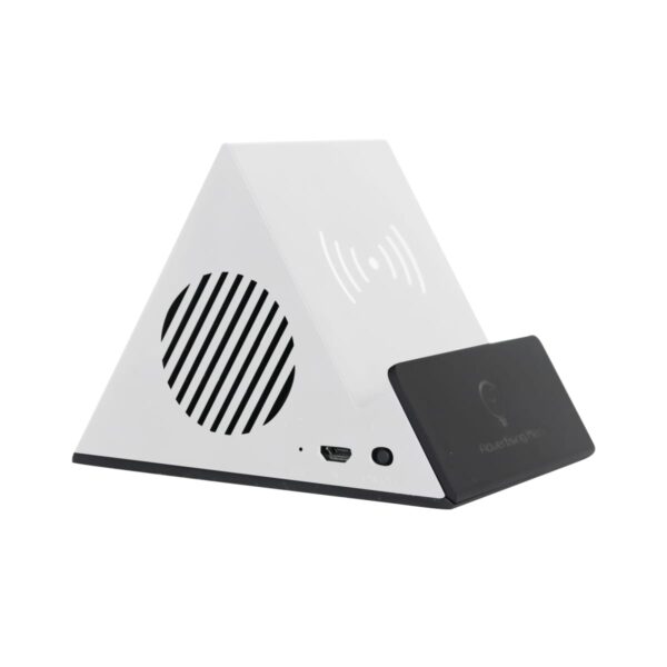 A white, triangular wireless charging stand with a black charging pad. It has ventilation slits, a USB port, and a power button on the side. The design is sleek and minimalist.