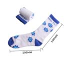 White and blue sock with floral patterns and the words INDIGO FLOW on the top band. The sock is next to a rolled-up pair, with measurements of 200mm length and 190mm height indicated.