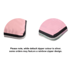 Two circular images show close-ups of a pink bag. The left image features a pink corner with a silver zipper. The right image shows a similar corner with a rainbow zipper. Text below explains that some orders may have the rainbow zipper instead.