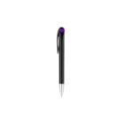 A sleek black pen with a silver tip and a purple button on top, set against a white background.