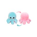 Two plush octopus toys are shown. The front-facing one is blue with a sad expression, while the back-facing one is pink. Arrows indicate that the toy can be flipped inside out to change its color and expression.