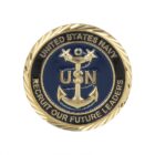 A gold and navy blue coin featuring an anchor design with USN at the center, surrounded by stars. The border reads UNITED STATES NAVY on top and RECRUIT OUR FUTURE LEADERS on the bottom.