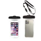 The image shows two waterproof phone pouches with black lanyards. One pouch displays a smartphone front with apps on the screen, while the other shows the back with a camera visible. Both are transparent with black closures.