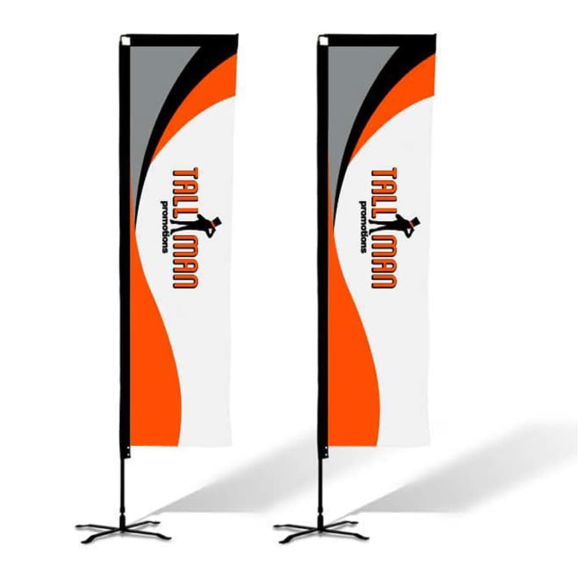 Two promotional flags with a white, orange, and black design. The words TALLMAN promotions are printed vertically in red letters. Each flag is attached to a black stand with four legs.