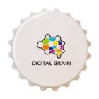 A white bottle cap with a colorful, abstract brain logo made of connected geometric shapes in the center. Below the logo, the words DIGITAL BRAIN are printed in bold black letters.