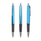 Three metallic blue pens with black rubber grips are shown upright. They have silver tips, clips, and push buttons. The pens are aligned side by side against a white background.