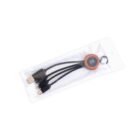 A multi-functional charging cable with three different types of connectors. It is housed in a transparent plastic package, displaying its round central hub and braided cables.