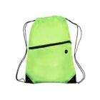 A lime green drawstring bag with black adjustable cords and a black zipper pocket on the front. It has metal eyelets at the bottom corners.