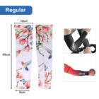 Two floral-patterned arm sleeves with birds are displayed on the left. The right side shows a close-up of black arm sleeves worn by a cyclist and a red sleeve with a black logo on an arm. Measurements are included: 45cm length, 12cm top width, 9cm bottom width.