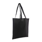 A plain black tote bag with long straps is shown on a white background. The bag appears sleek and minimalistic, designed for carrying items conveniently.