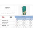 Design and size chart for unisex adult polyester sublimated pants, model PCC037. Features green pants with yellow diagonal stripes on the side. Sizes range from S to 4XL with detailed measurements for waist, hip, bottom, and total length.