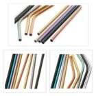Various colored metal straws, some straight and some curved, displayed in three separate images. The straws showcase a shiny surface in colors like gold, silver, black, green, pink, and blue.