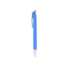 A blue ballpoint pen with a silver tip and a pointed, triangular clip. The pen is shown vertically against a white background.