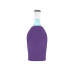 A glass bottle with a metal cap is partially covered by a purple neoprene sleeve, commonly used as an insulator to keep drinks cold. The liquid inside appears light blue. The background is plain white.