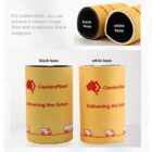 Two yellow cylindrical containers for sublimation printing. The top part shows a cross-section of the black and white base options. Below, the containers display the CouriersPlease logo and Delivering the future text with small vehicle icons.
