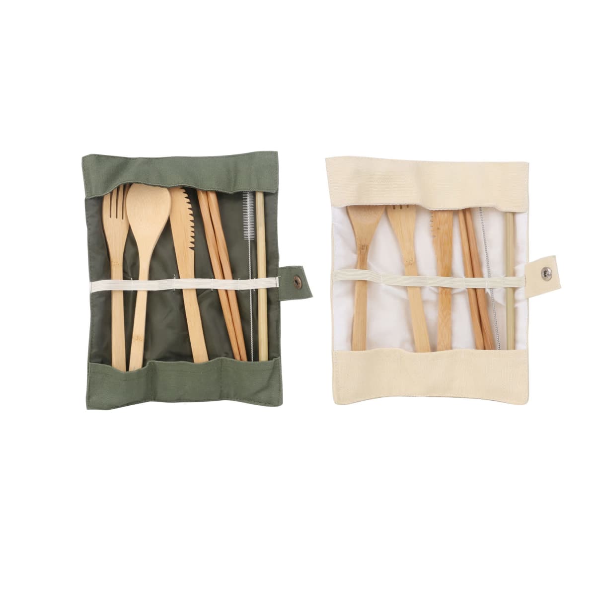 Two sets of bamboo cutlery in fabric pouches. The left set is in a green pouch with a cleaning brush and four utensils. The right set is in a beige pouch containing four utensils. Each pouch has a button closure.