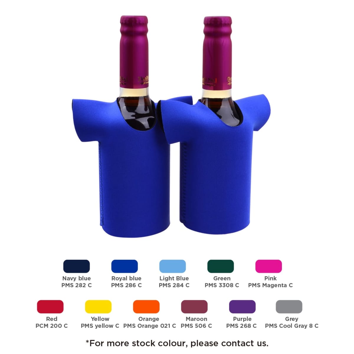 Two wine bottles in blue, shirt-shaped neoprene holders with short sleeves, standing side by side. Below, there are color samples labeled with different PMS codes such as Navy blue, Red, Yellow, and more.