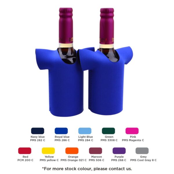 Two wine bottles in blue T-shirt-shaped coolers. Below are color swatches with labels: Navy blue, Royal blue, Light blue, Green, Pink, Red, Yellow, Orange, Maroon, Purple, Grey. Note: For more stock colour, please contact us.