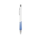 A white retractable pen with blue stripes near the tip and a silver clicker on top, positioned upright against a plain white background.