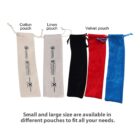 Four different colored pouches: a cotton pouch (white), a linen pouch (beige), and velvet pouches (black, red, blue). Text below reads, Small and large size are available in different pouches to fit all your needs.