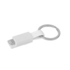 A white, compact keychain charger with a USB connector on one end and a metal keyring. The device has a simple, minimalist design, suitable for carrying on a keychain for easy access.